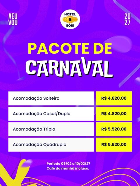 Quem é apaixonado pelo Carnaval de Pernambuco sabe muito bem: o segredo para curtir a folia com conforto é a antecipação!

Para você que não deixa nada para a última hora, os nossos pacotes para o Carnaval 2027 no Hotel 5 Sóis já estão oficialmente abertos! Garanta o seu refúgio pertinho das ladeiras de Olinda e pule o frevo sabendo que o seu descanso está assegurado.

Confira nossos valores para o período de 05/02 a 10/02/27 (com o nosso delicioso café da manhã regional incluso para recarregar as energias):

Solteiro: R$ 4.620,00

Casal / Duplo: R$ 4.820,00

Triplo: R$ 5.520,00

Quádruplo: R$ 5.620,00

As vagas para essa época voam rápido. Reúna a sua galera, defina a sua acomodação e clique no link da bio para fechar o seu pacote direto com a nossa equipe no WhatsApp! 🎊☂️

#Carnaval2027 #CarnavalDeOlinda #Hotel5Sois #HospedagemEmOlinda #Folia